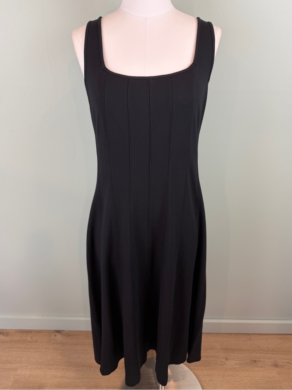 NWT LOFT Black Ponte knit Seamed Midi Dress Sleeveless Square-Neck A-Line sz 10
